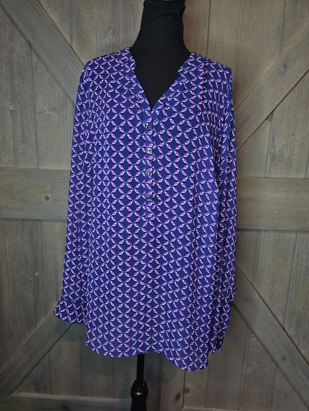 a.n.a A New Approach Women's 3X Purple Bird Print Long Sleeve Henley Blouse